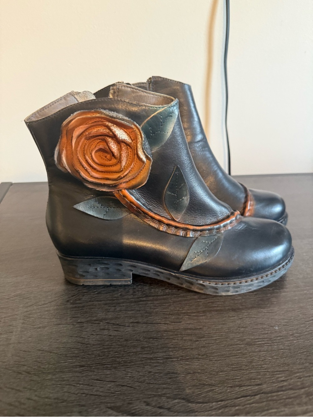 Socofy Ankle Boots with Brown Rose Accent